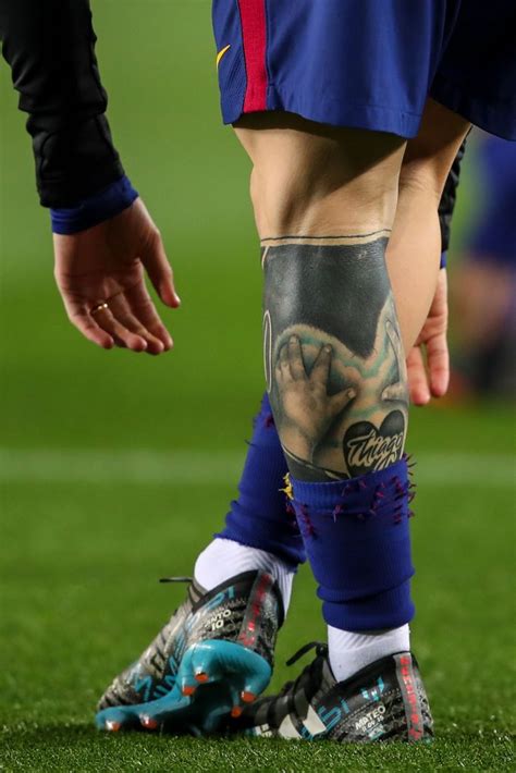 A Tattoo On The Leg Of Lionel Messi Of Fc Barcelona Is Seen Prior To