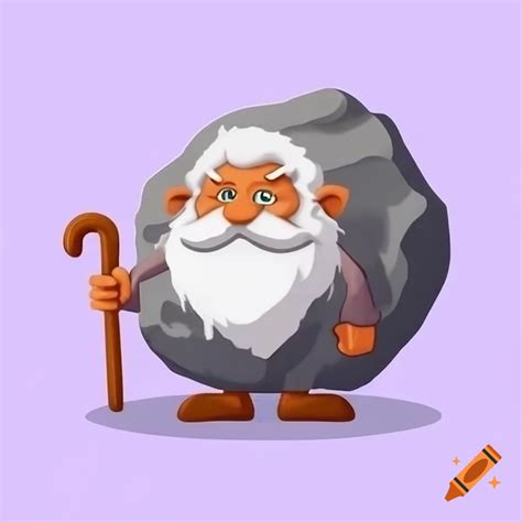 Anthropomorphic Elderly Rock Character With White Beard And Wooden Cane