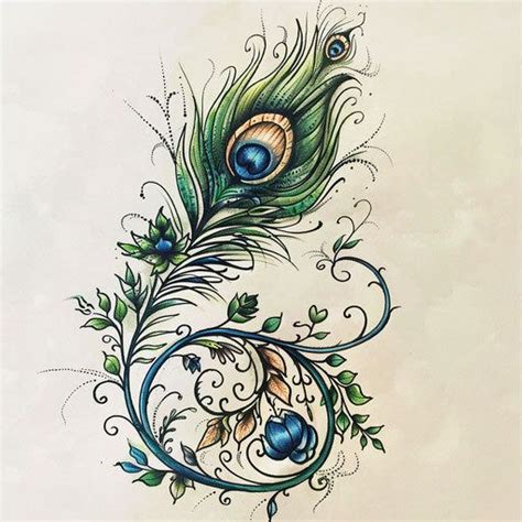 Botanical Peacock Feather Tattoo Sketch With Greenery And Floral Botanical Peacock Feather Tattoo Sketch With Greenery And Floral