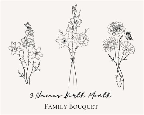 Custom Birth Flower Tattoo Design Family Floral Bouquet With 3 Names Custom Birth Flower Tattoo Design Family Floral Bouquet With 3 Names