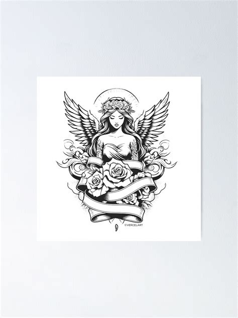 Female Angel Tattoo Ribbons Roses Poster