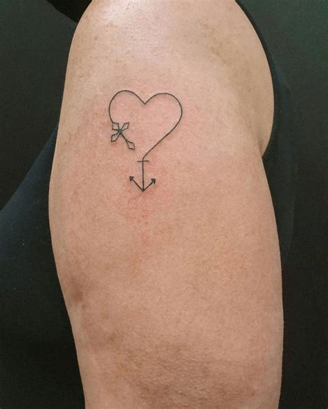 Fine Line Cross Heart And Anchor Tattoo Located On The