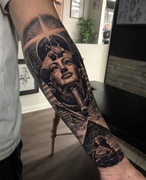 Finished This Half Sleeve Featuring King Tut And Camels Crossing The Desert Loved Bringing A Bit Of Ancient Egypt To Life In This Piece Tattooart Kingtut Kingtuttattoo Egypttattoos
