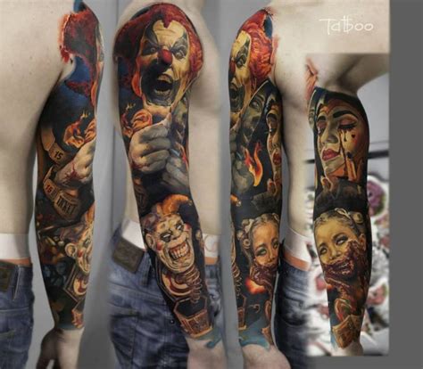 Grey Ink Smiling Evil Clown Face Tattoo On Men Sleeve Truetattoos Grey Ink Smiling Evil Clown Face Tattoo On Men Sleeve Truetattoos