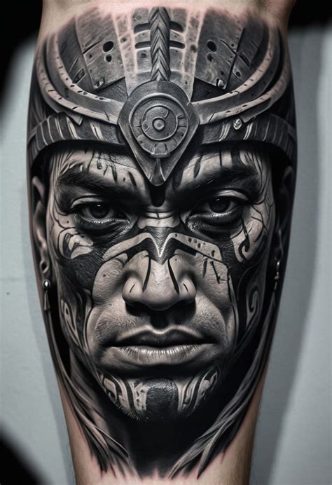 Hyper Realistic Tattoo Design For Maya Warrior Man Face View Black And
