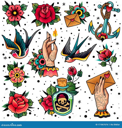 Old School Tattoo Symbols Vector Illustration Cartoondealer Com 57654280 Old School Tattoo Symbols Vector Illustration Cartoondealer Com 57654280