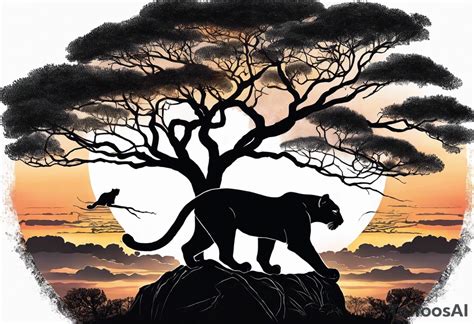 Panthers On A Single African Tree With The Sunsetting Behind It With