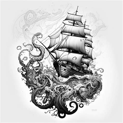 Pirate Ship Vs Kraken Tattoo Design White Background Png File Download Pirate Ship Vs Kraken Tattoo Design White Background Png File Download