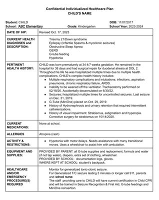 Robertson County School Individual Health Plan