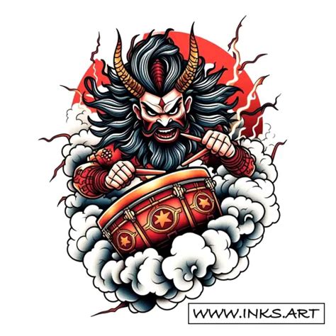 Tattoo Design Raijin Amidst Lightning And Drums Style Neotraditional Tattoo Design Raijin Amidst Lightning And Drums Style Neotraditional