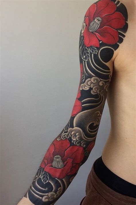 Traditional Japanese Tattoo Sleeve With Red Flowers Traditional Japanese Tattoo Sleeve With Red Flowers