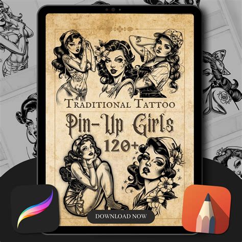 Traditional Pin Up Girl Tattoo Designs Procreate Brushes Tattoo Flash