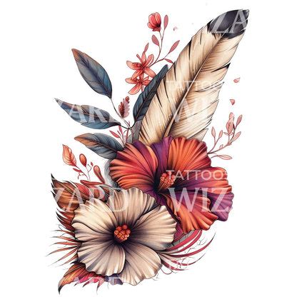 Vintage Tropical Feather And Flowers Tattoo Design Vintage Tropical Feather And Flowers Tattoo Design
