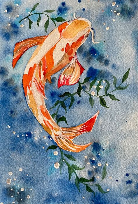 Watercolor Painting Of Koi Fish With Leaves